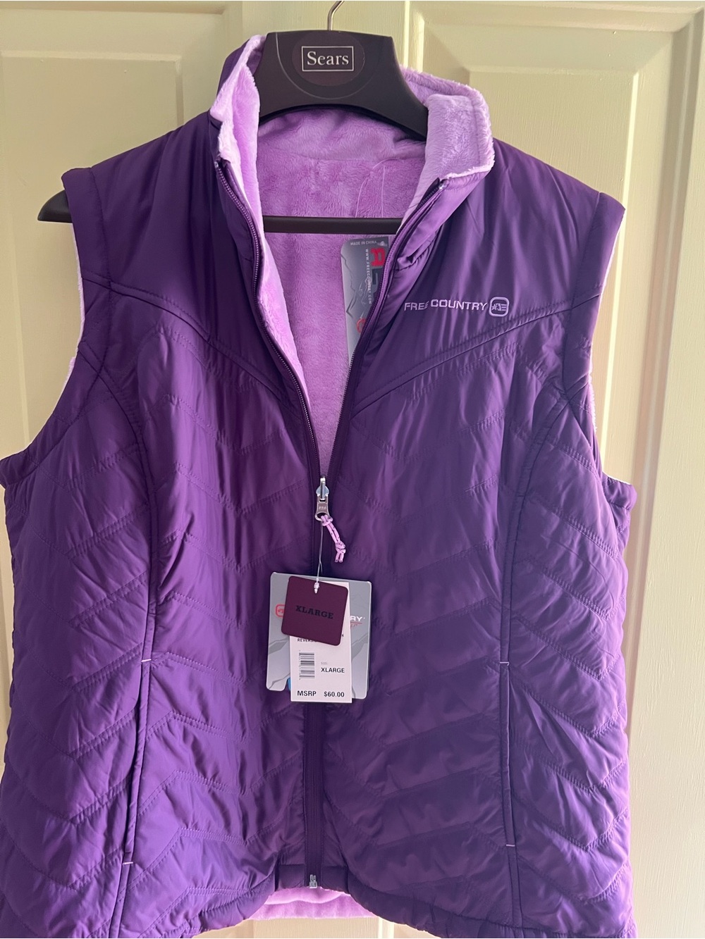 Free Country Women’s XL Reversible Vest Purple Lilac Fleece Quilted Full Zip NWT